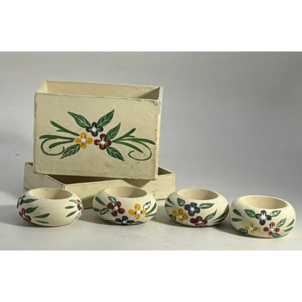 Painted Floral Box W 4 Painted Floral Napkin Rings 4